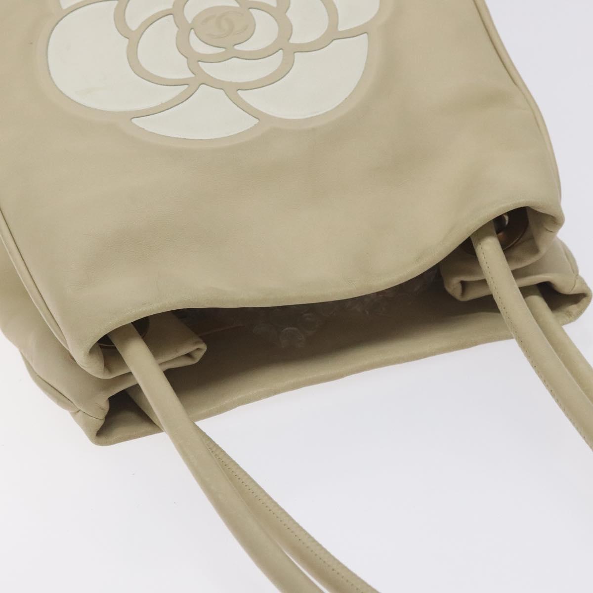 CHANEL Camelia Tote Bag Lamb Skin Beige Gold CC Auth 130497