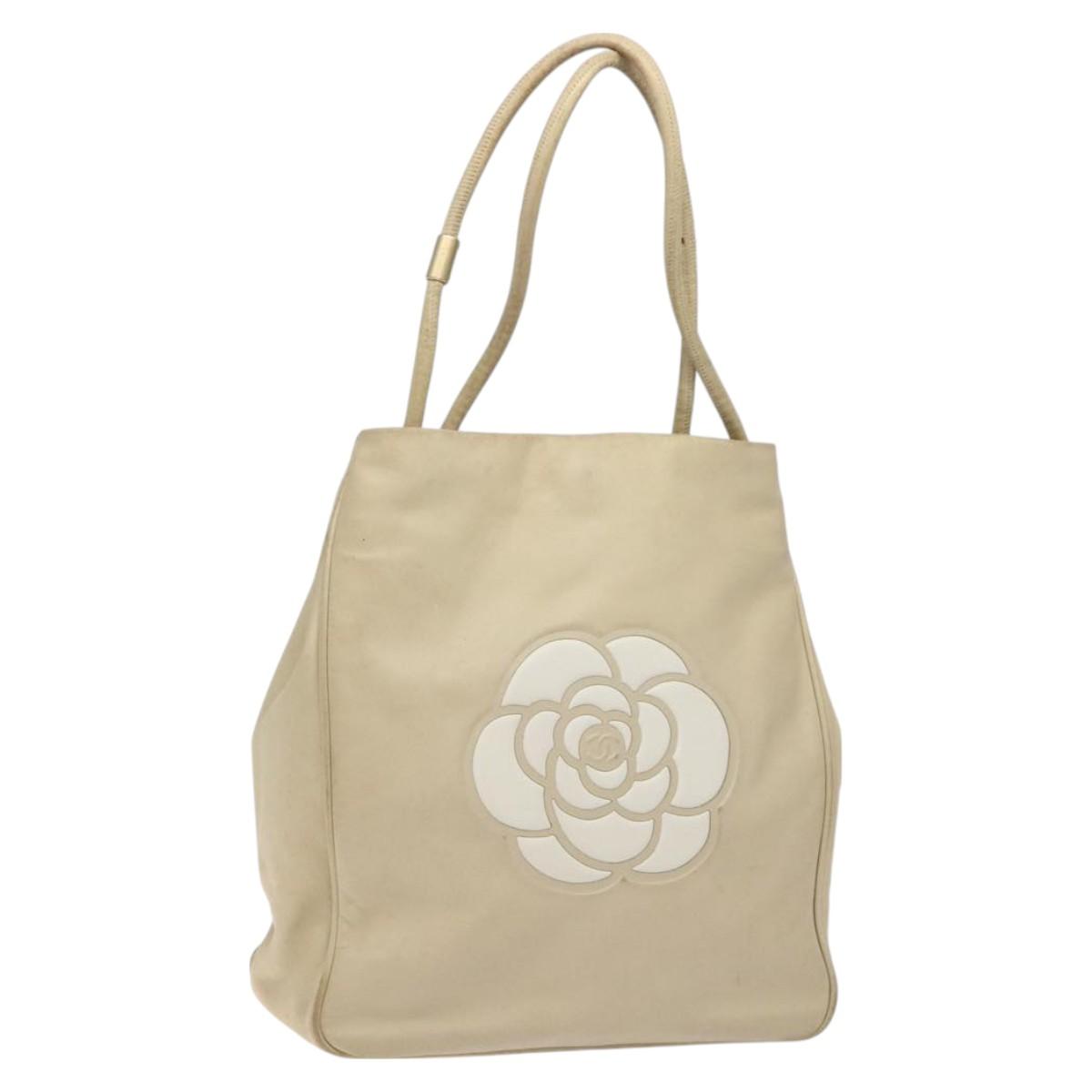 CHANEL Camelia Tote Bag Lamb Skin Beige Gold CC Auth 130498