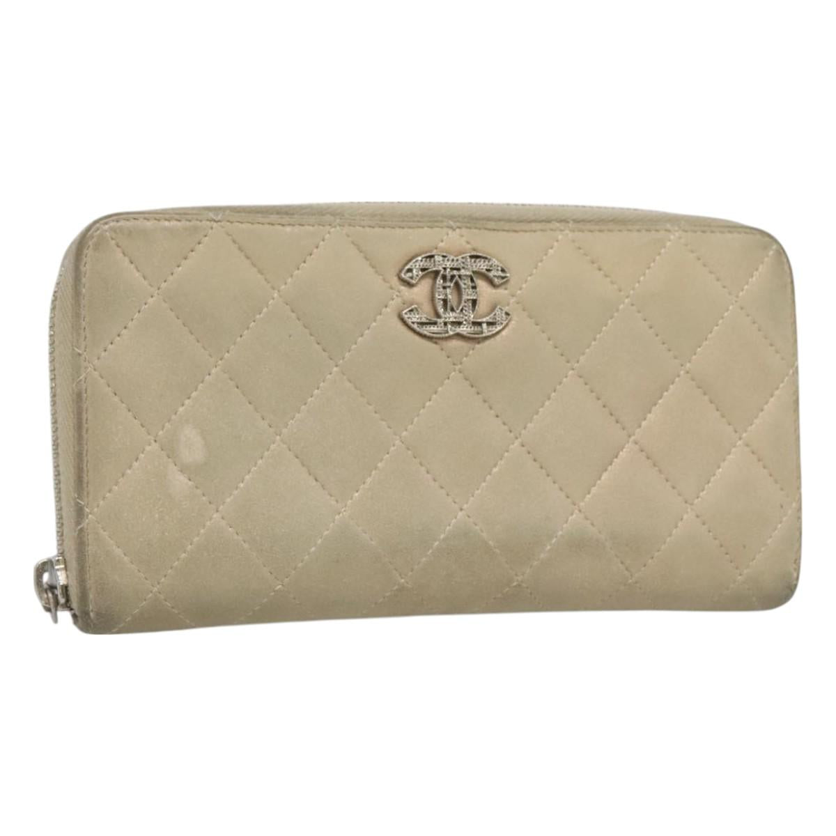 CHANEL Matelasse Long Wallet Suede Beige Silver CC Auth 130516