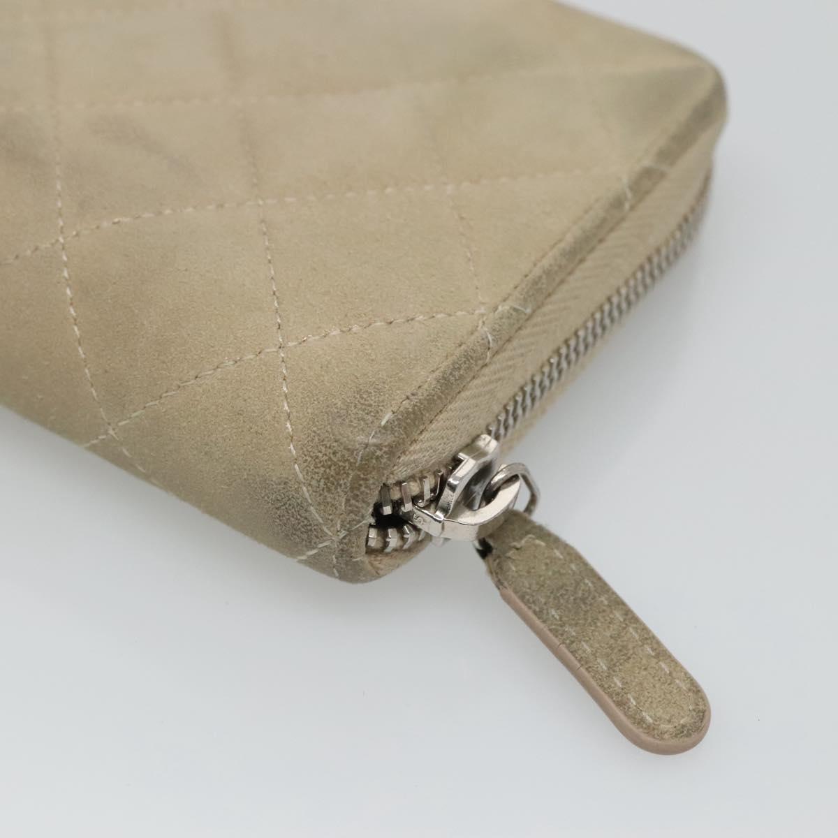 CHANEL Matelasse Long Wallet Suede Beige Silver CC Auth 130516