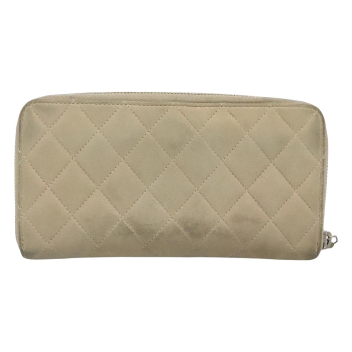 CHANEL Matelasse Long Wallet Suede Beige Silver CC Auth 130516