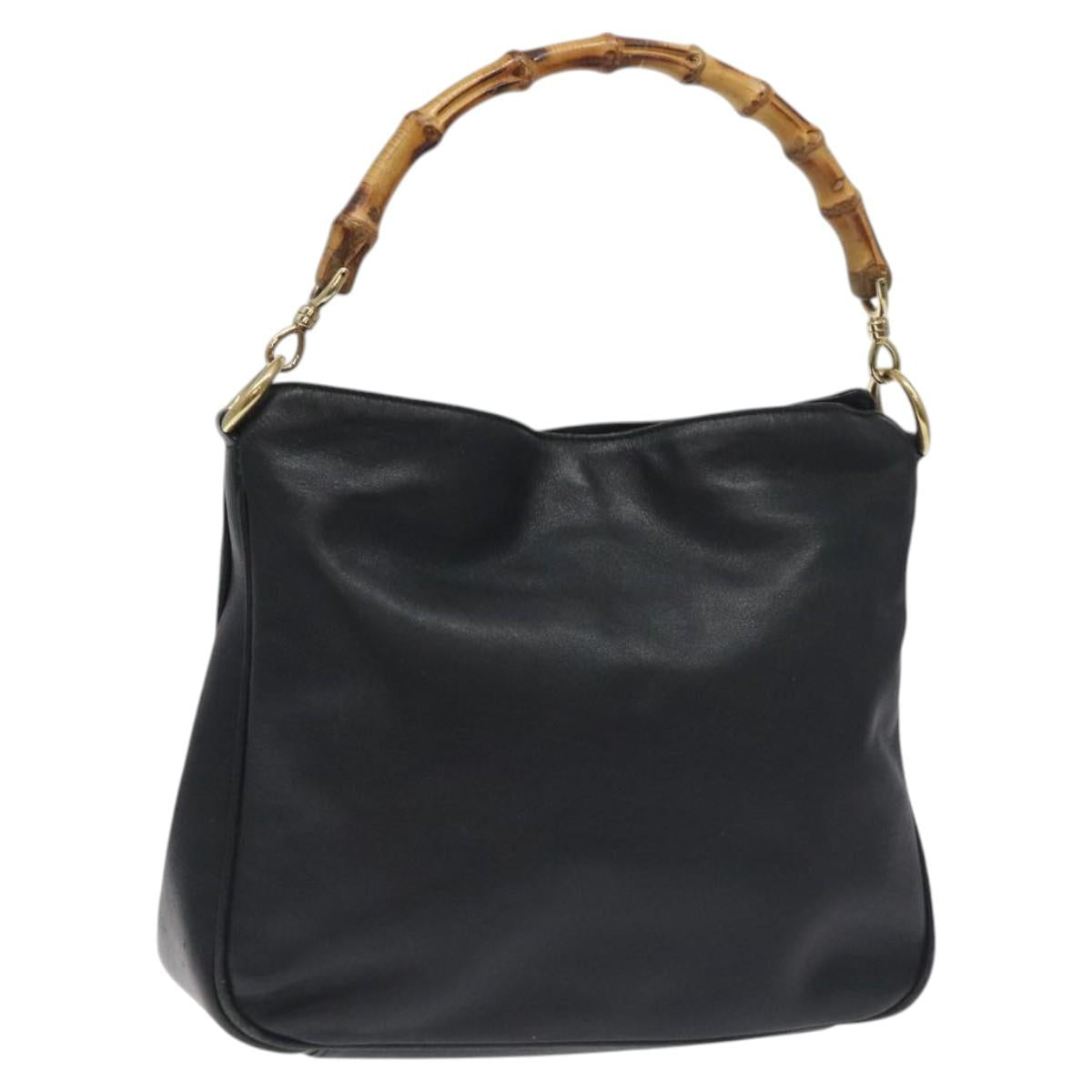 GUCCI Bamboo Hand Bag Leather Black Gold 001 1638 3754 Auth 130571