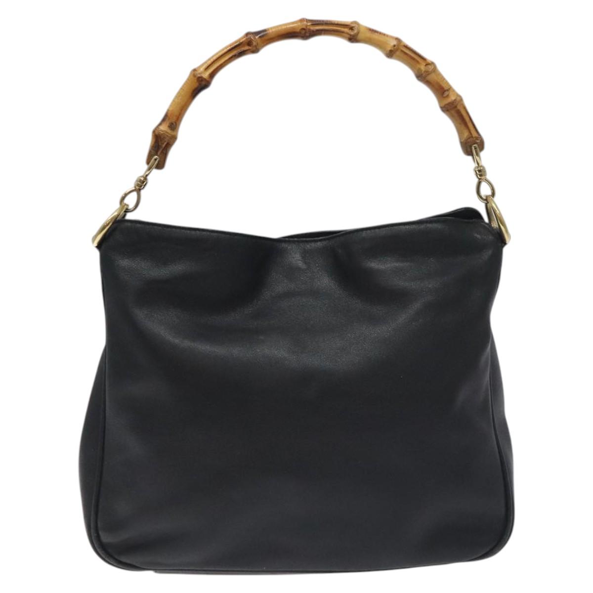 GUCCI Bamboo Hand Bag Leather Black Gold 001 1638 3754 Auth 130571