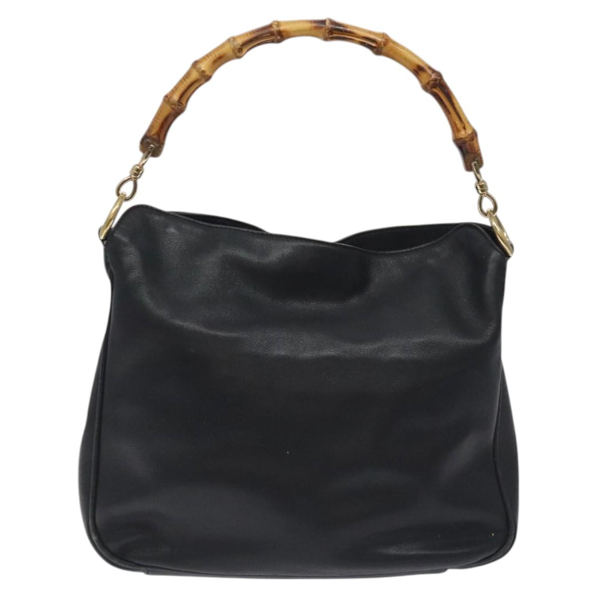 GUCCI Bamboo Hand Bag Leather Black Gold 001 1638 3754 Auth 130571