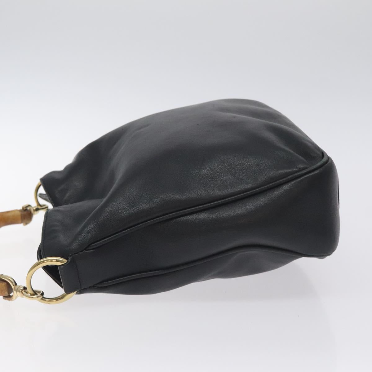 GUCCI Bamboo Hand Bag Leather Black Gold 001 1638 3754 Auth 130571