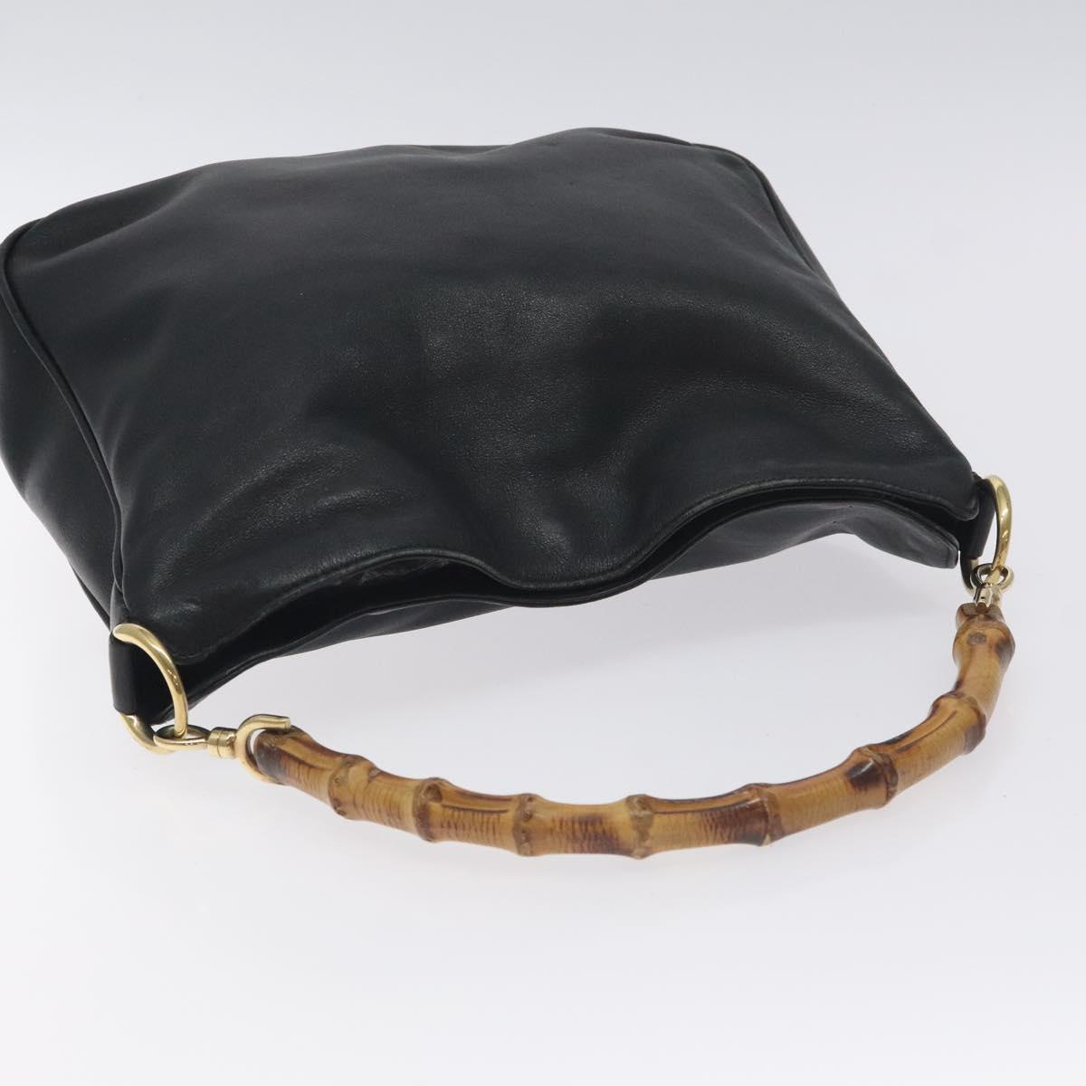 GUCCI Bamboo Hand Bag Leather Black Gold 001 1638 3754 Auth 130571