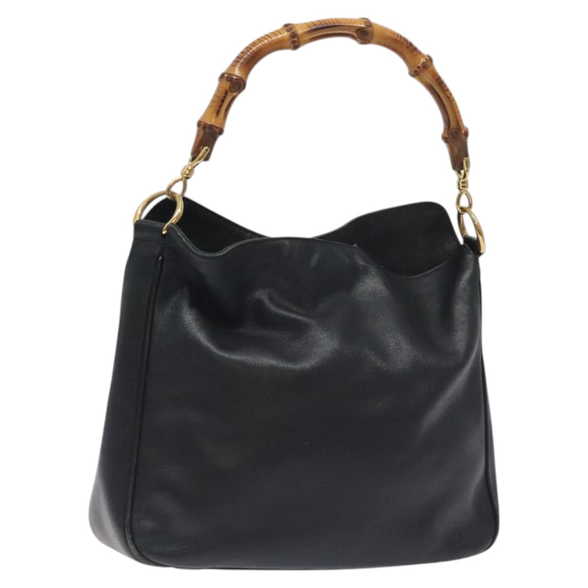GUCCI Bamboo Hand Bag Leather Black Gold 001 0166 1638 Auth 130572
