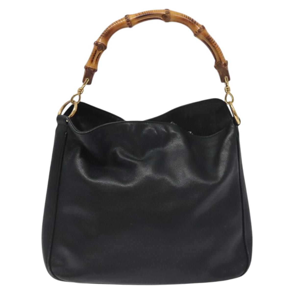 GUCCI Bamboo Hand Bag Leather Black Gold 001 0166 1638 Auth 130572