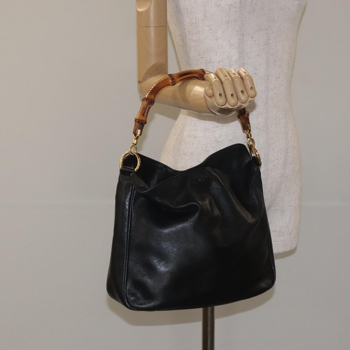 GUCCI Bamboo Hand Bag Leather Black Gold 001 0166 1638 Auth 130572