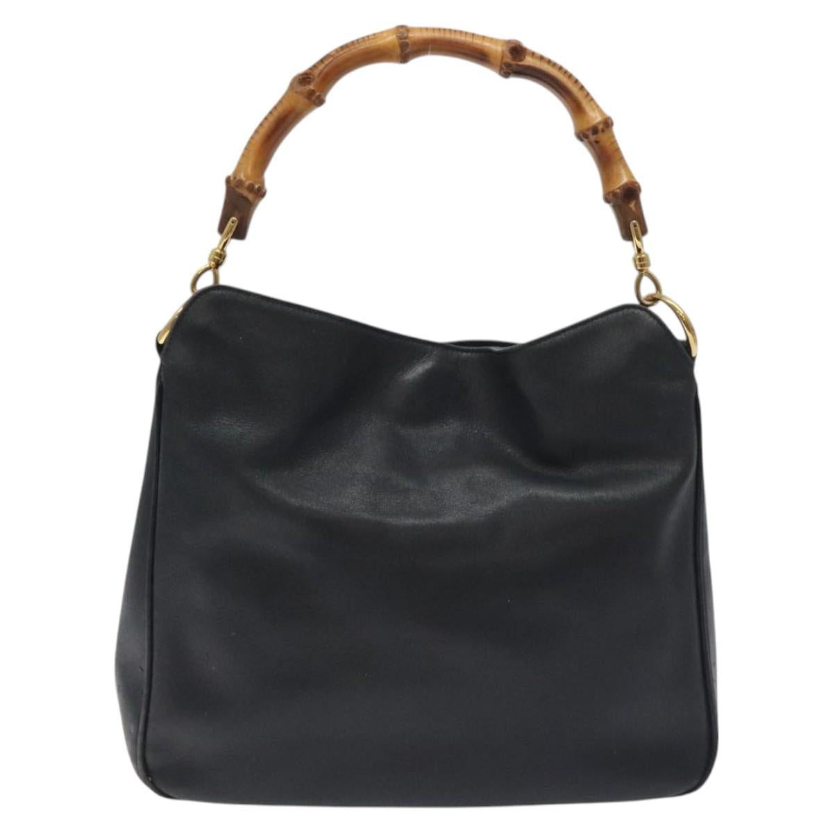 GUCCI Bamboo Hand Bag Leather Black Gold 001 0166 1638 Auth 130572