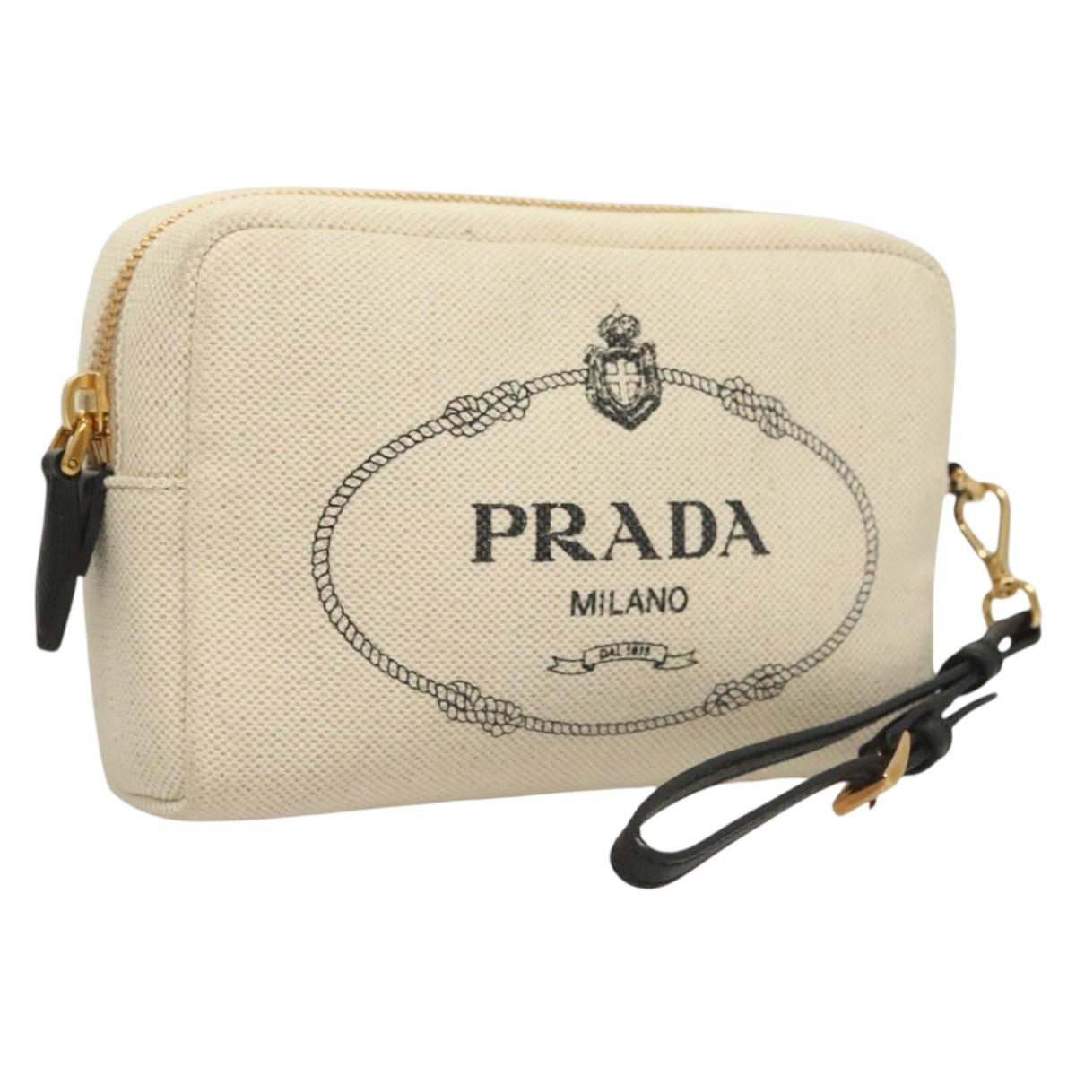 PRADA Pouch Canvas White Gold Auth 130586