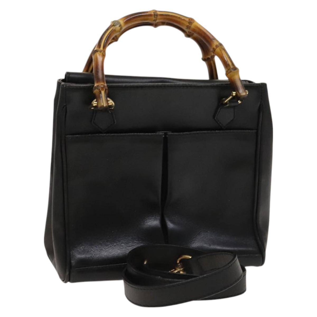 GUCCI Bamboo Hand Bag Leather 2way Black Gold 000 123 0316 Auth 130612
