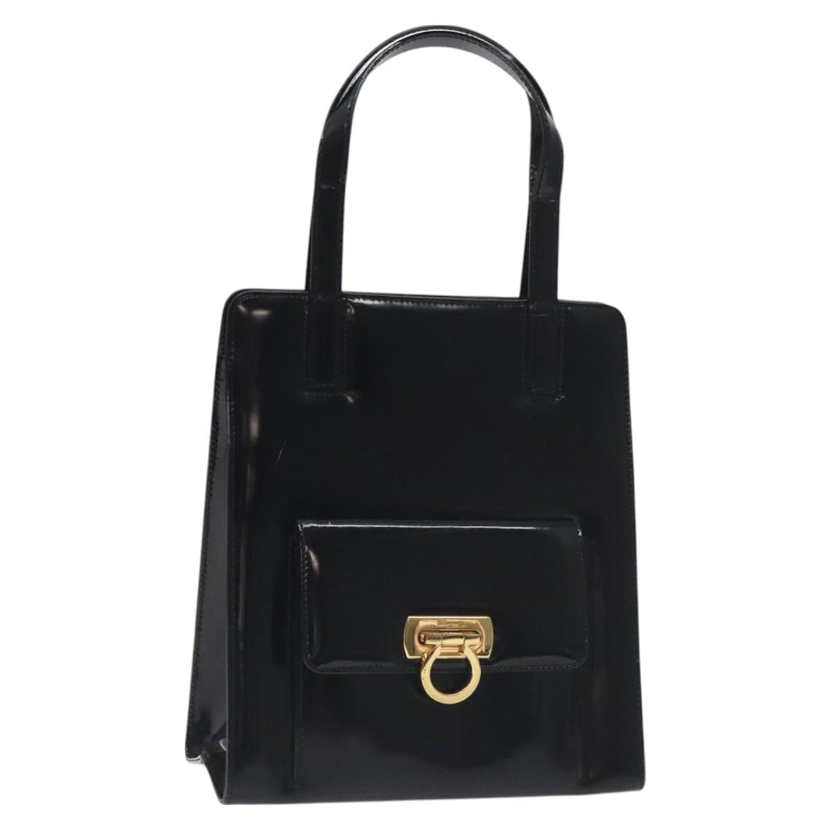 Salvatore Ferragamo Gancini Hand Bag Enamel Black Gold Auth 130619