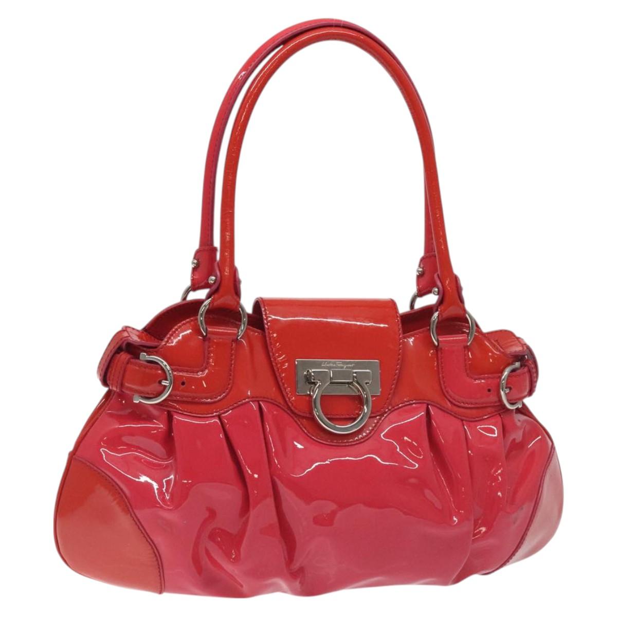 Salvatore Ferragamo Gancini Marissa Hand Bag Enamel Red Silver Auth 130621