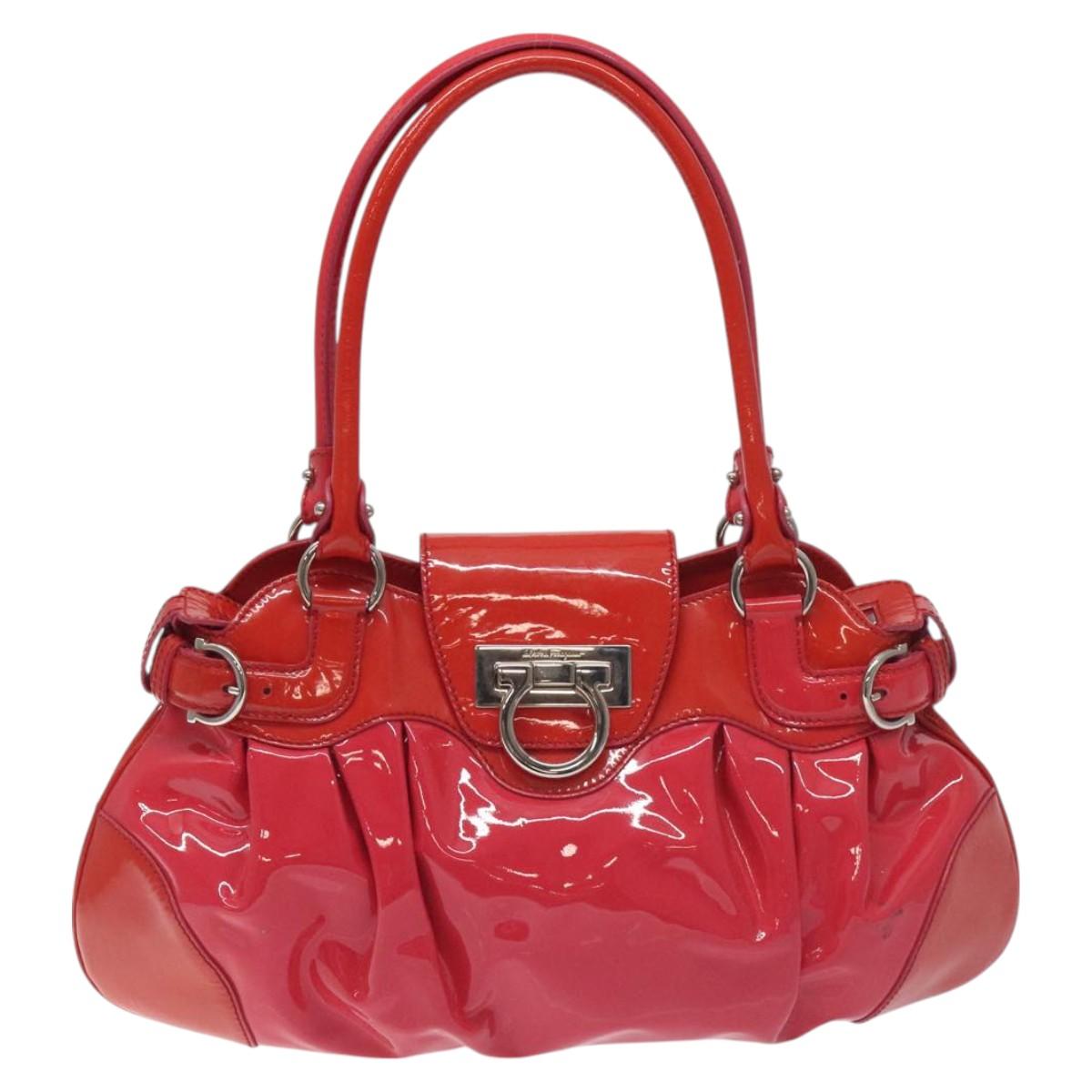 Salvatore Ferragamo Gancini Marissa Hand Bag Enamel Red Silver Auth 130621