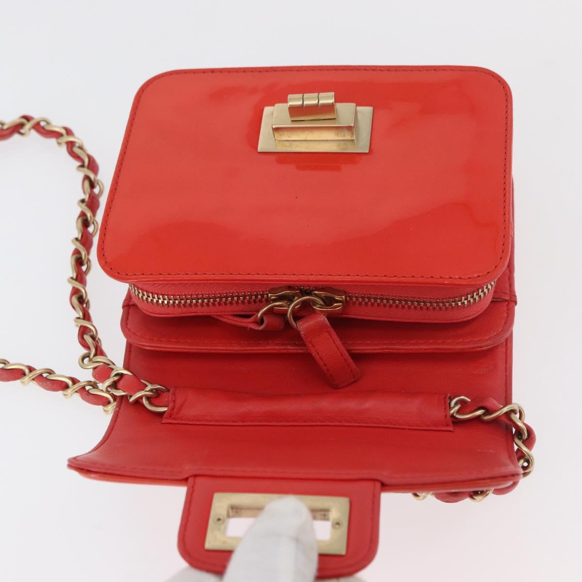 CHANEL Chain Shoulder Wallet Patent leather Orange Gold CC Auth 130637