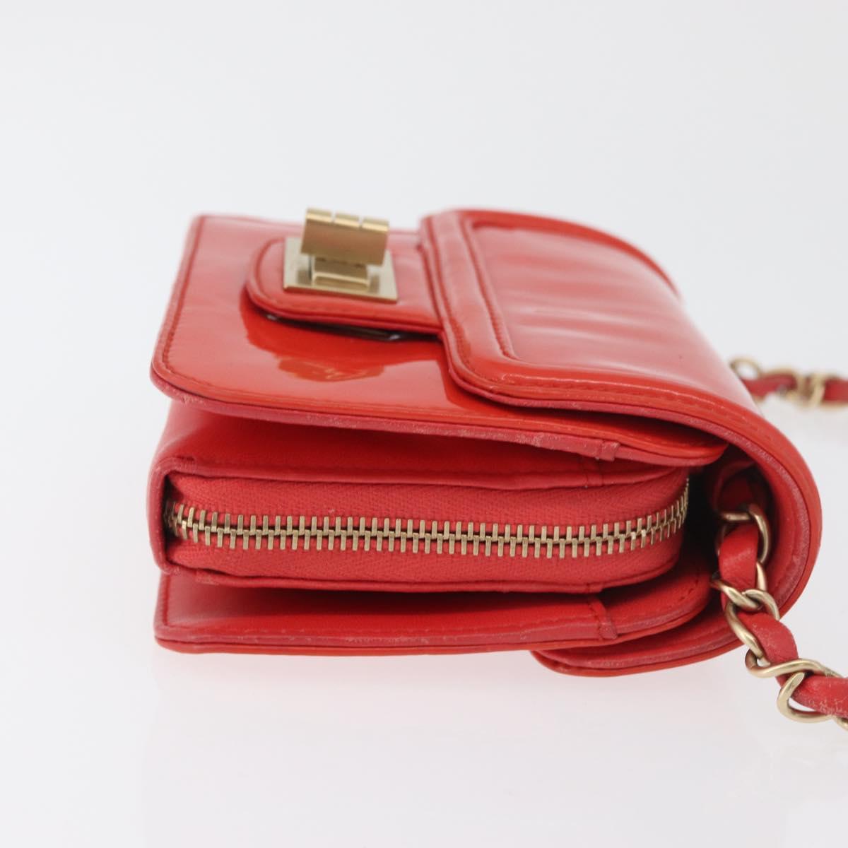 CHANEL Chain Shoulder Wallet Patent leather Orange Gold CC Auth 130637
