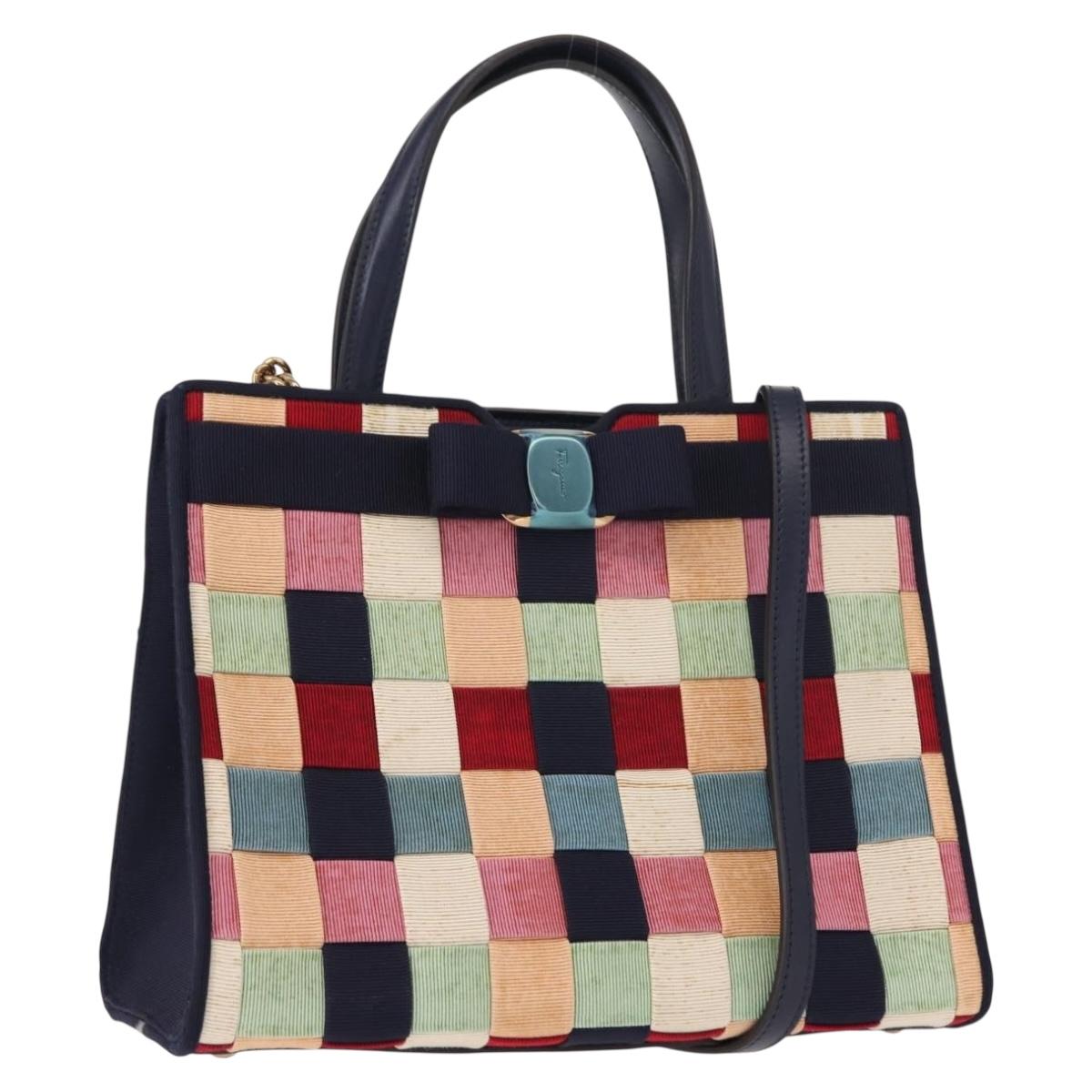 Salvatore Ferragamo Hand Bag Canvas 2way Multicolor Gold Auth 130836V