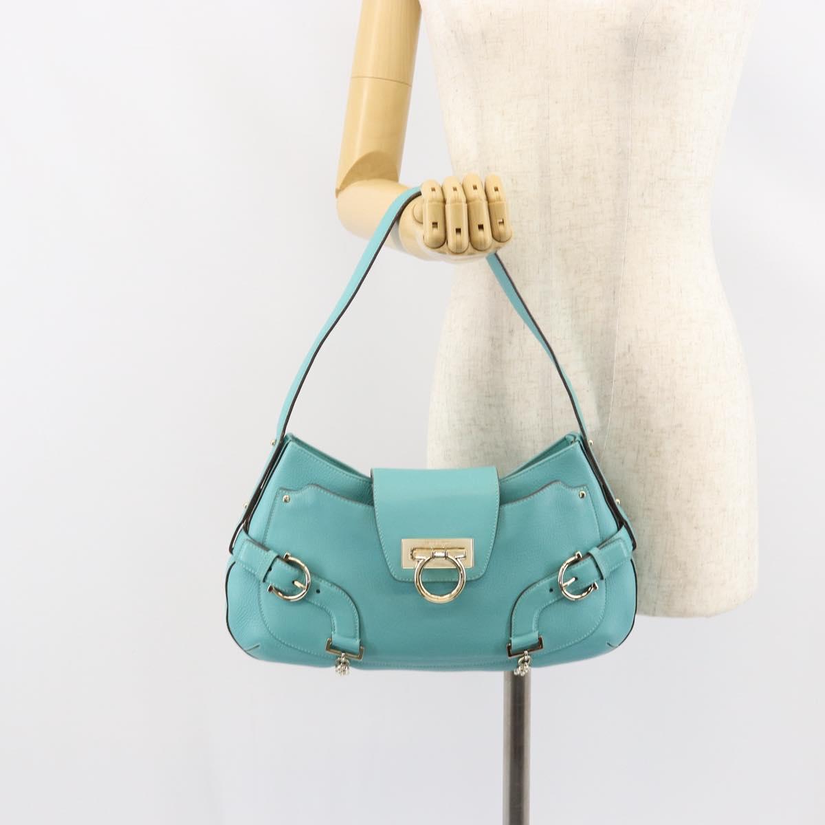Salvatore Ferragamo Gancini Bag Leather Turquoise Blue Gold Auth 130837V
