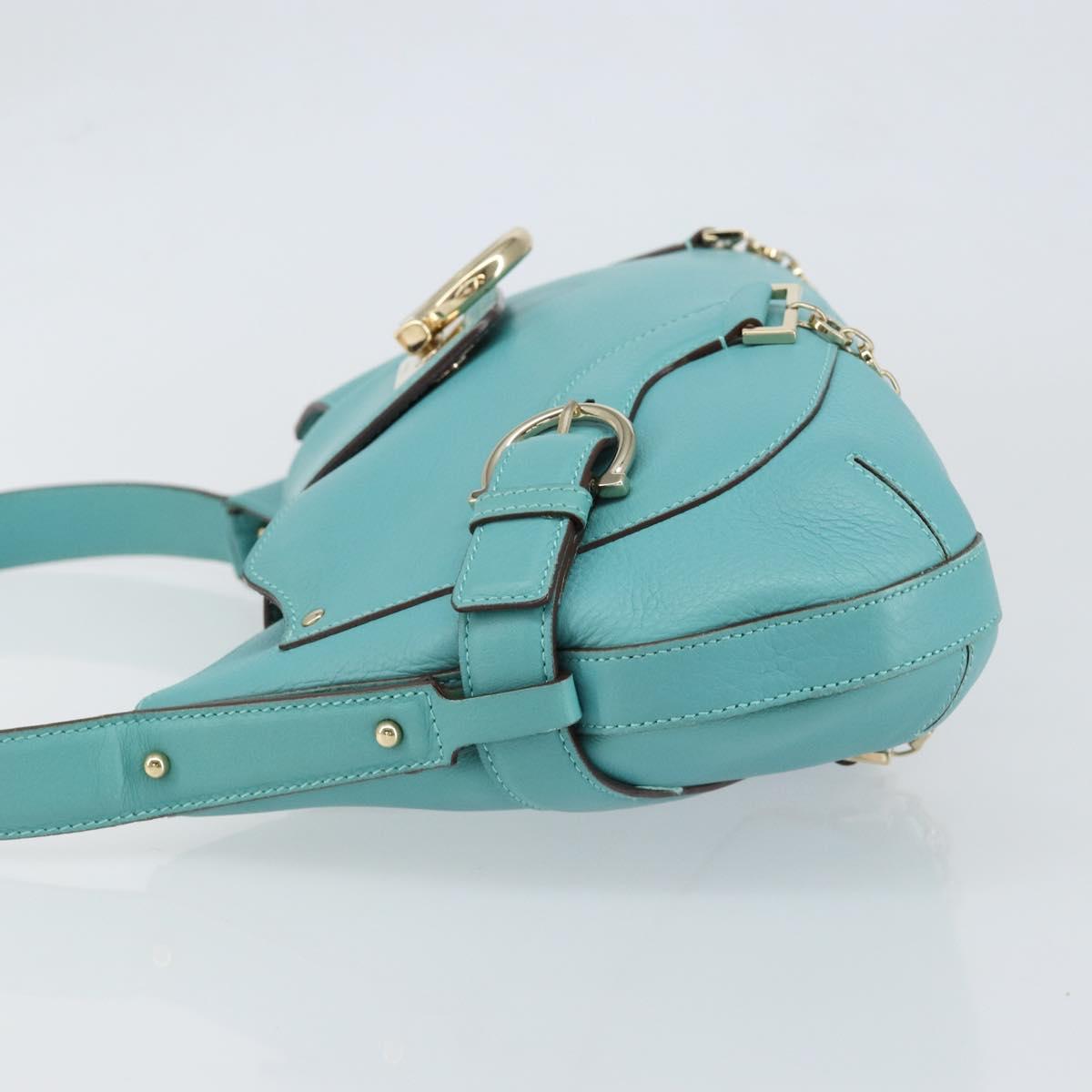 Salvatore Ferragamo Gancini Bag Leather Turquoise Blue Gold Auth 130837V