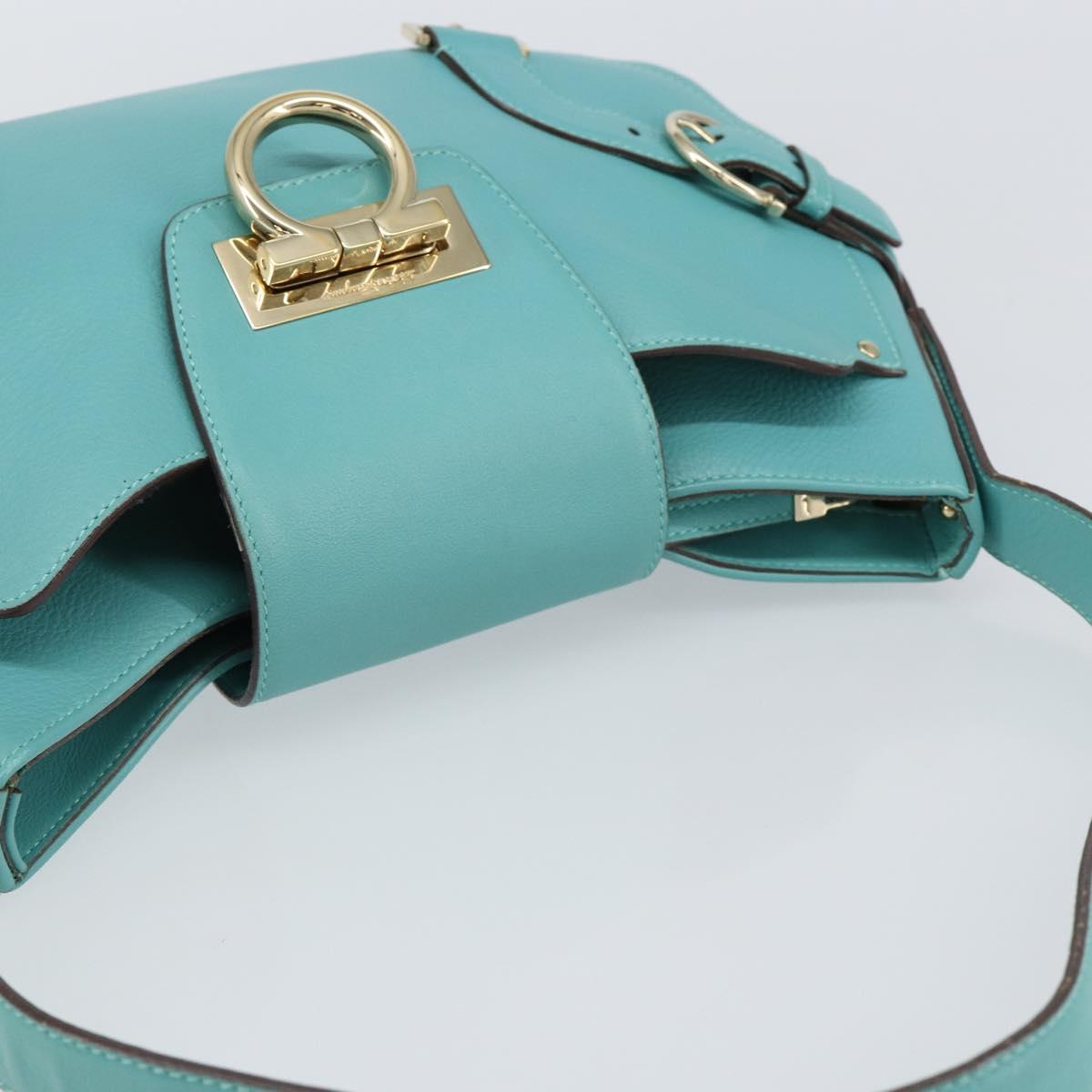 Salvatore Ferragamo Gancini Bag Leather Turquoise Blue Gold Auth 130837V
