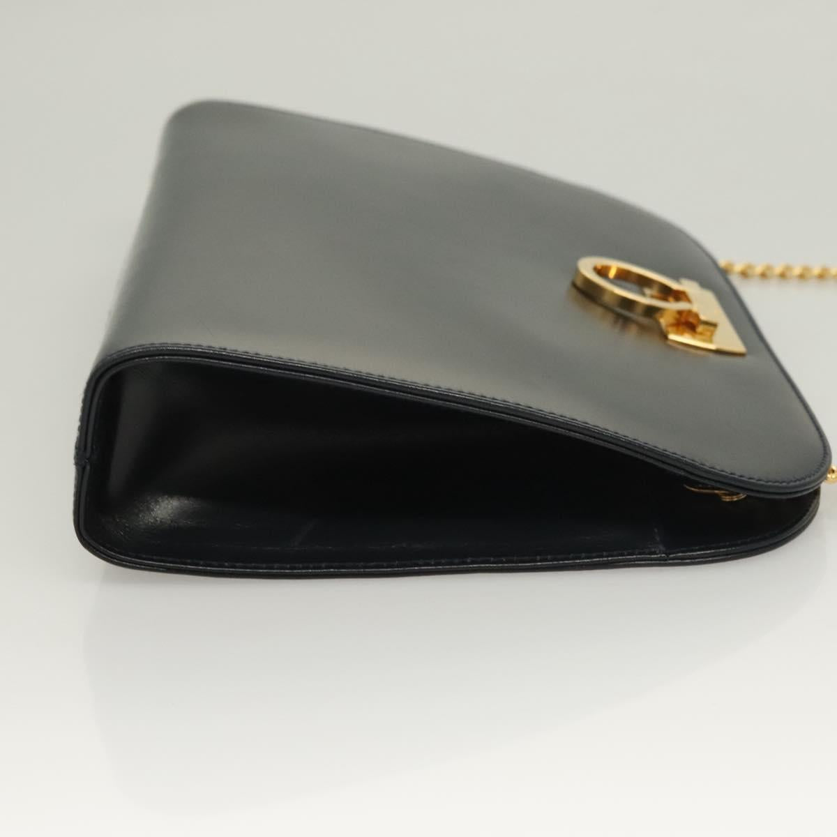 Salvatore Ferragamo Gancini Chain Shoulder Bag Leather Black Gold Auth 130866