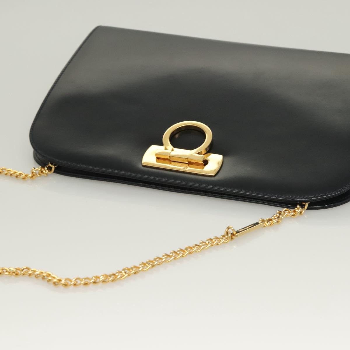 Salvatore Ferragamo Gancini Chain Shoulder Bag Leather Black Gold Auth 130866