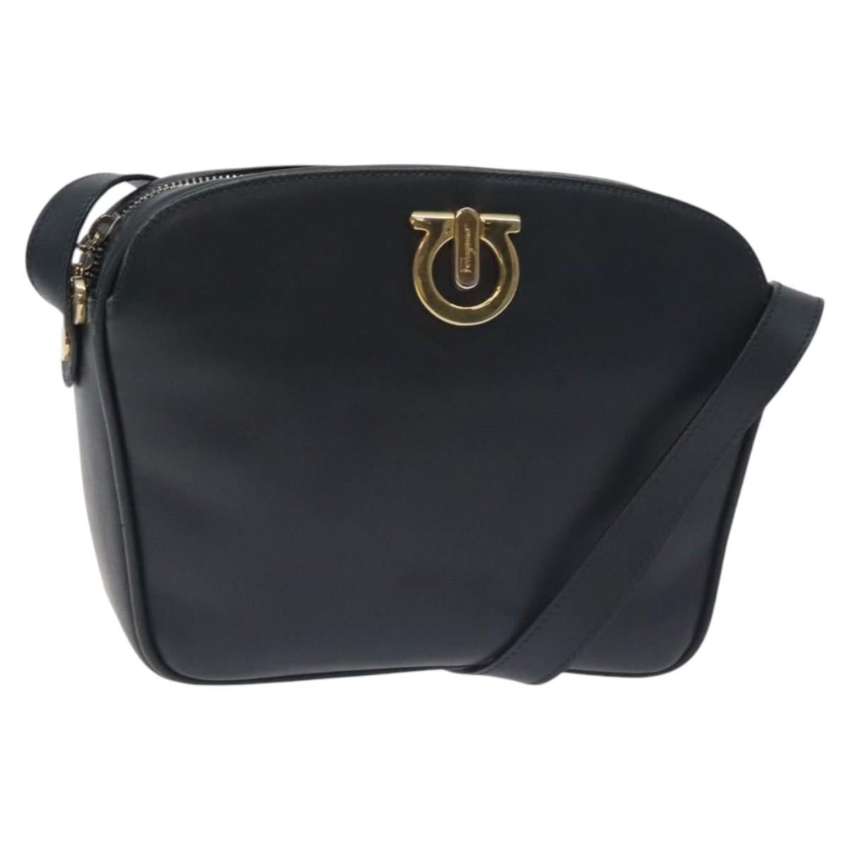 Salvatore Ferragamo Gancini Shoulder Bag Leather Navy Gold Auth 130895