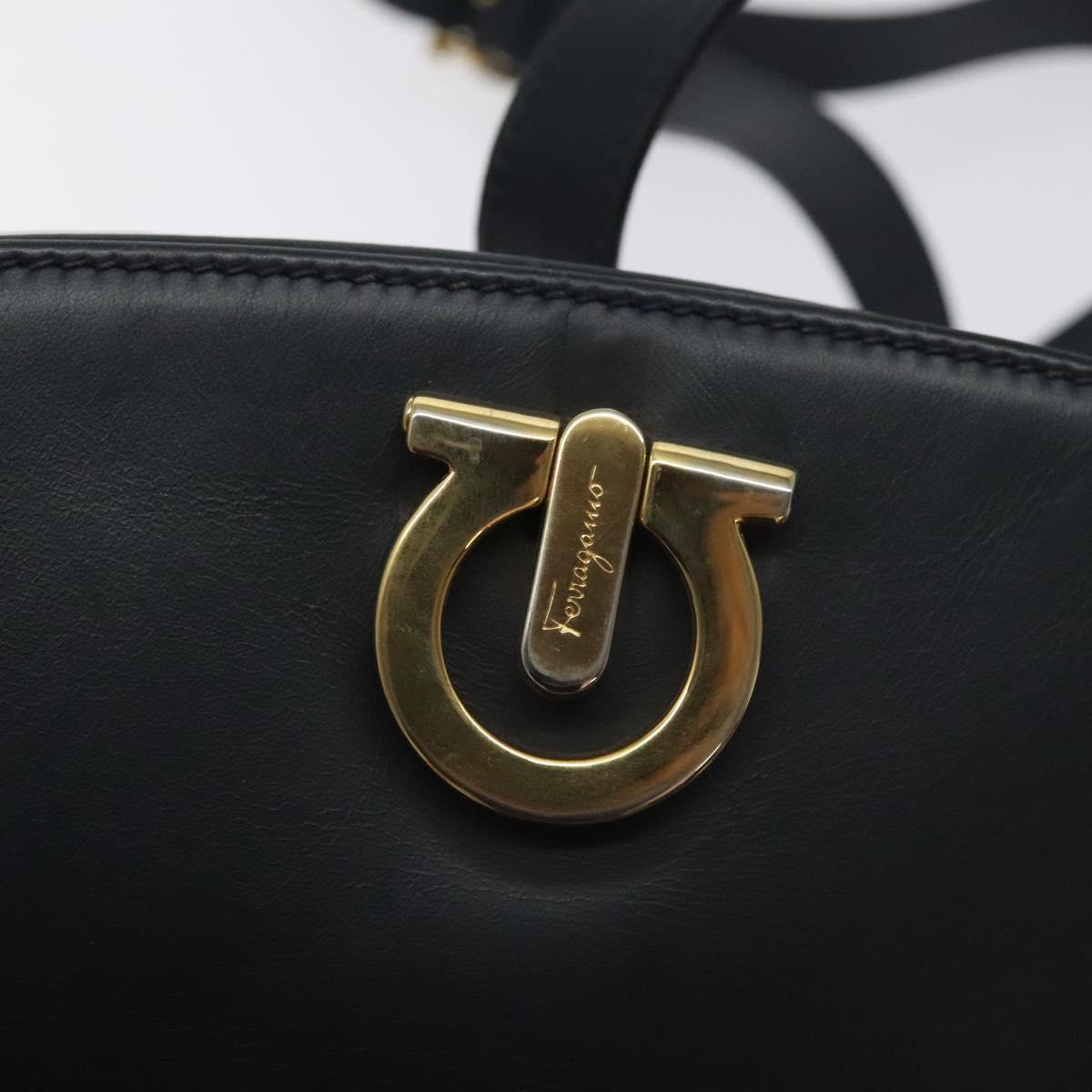 Salvatore Ferragamo Gancini Shoulder Bag Leather Navy Gold Auth 130895