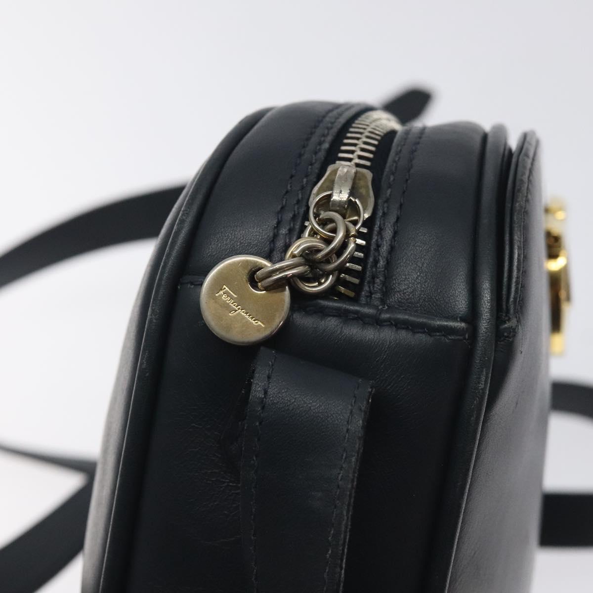 Salvatore Ferragamo Gancini Shoulder Bag Leather Navy Gold Auth 130895