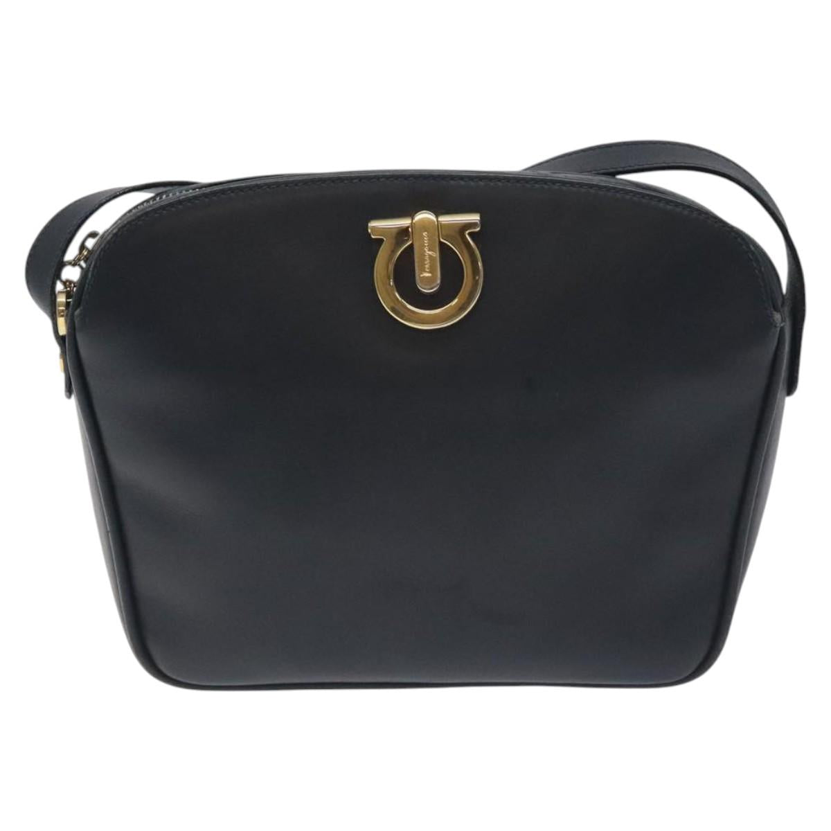 Salvatore Ferragamo Gancini Shoulder Bag Leather Navy Gold Auth 130895