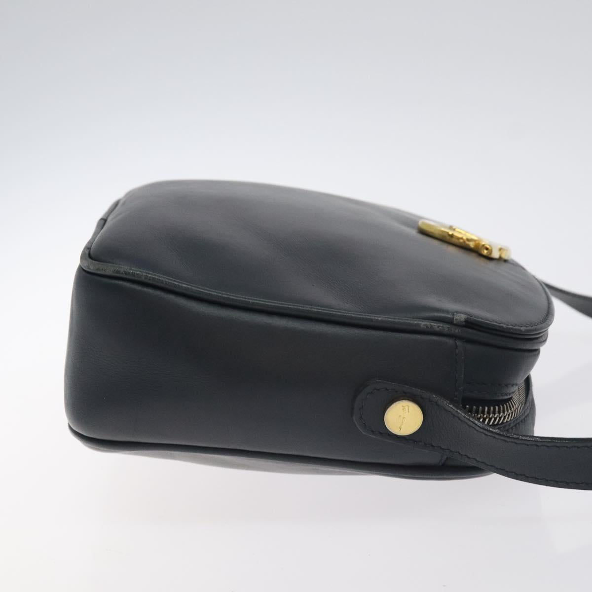 Salvatore Ferragamo Gancini Shoulder Bag Leather Navy Gold Auth 130895