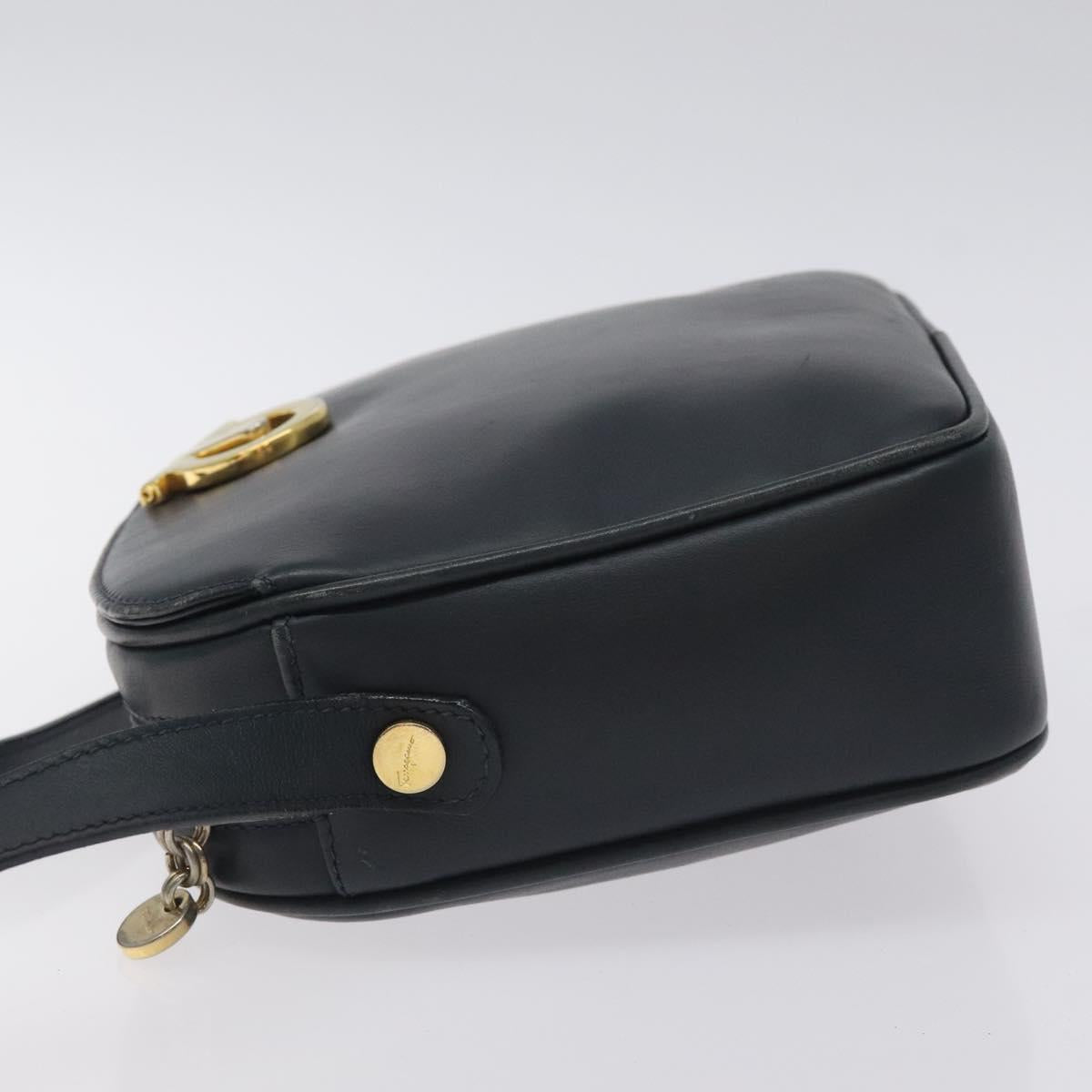 Salvatore Ferragamo Gancini Shoulder Bag Leather Navy Gold Auth 130895