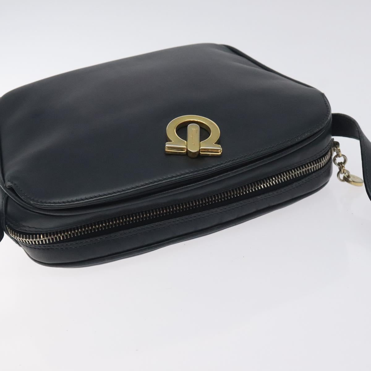 Salvatore Ferragamo Gancini Shoulder Bag Leather Navy Gold Auth 130895
