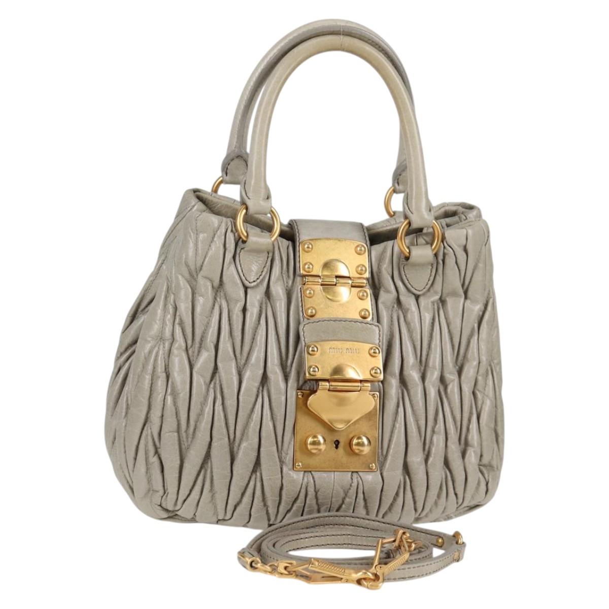 Miu Miu Matelasse Hand Bag Leather 2way Gray Gold Auth 130896V