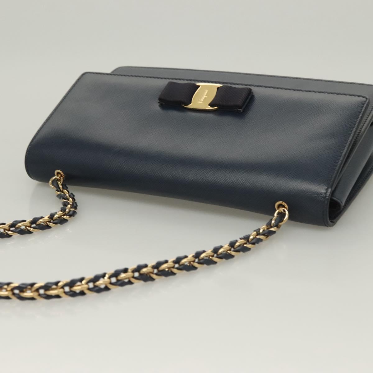 Salvatore Ferragamo Vala Chain Shoulder Bag Leather Navy Gold Auth 130907