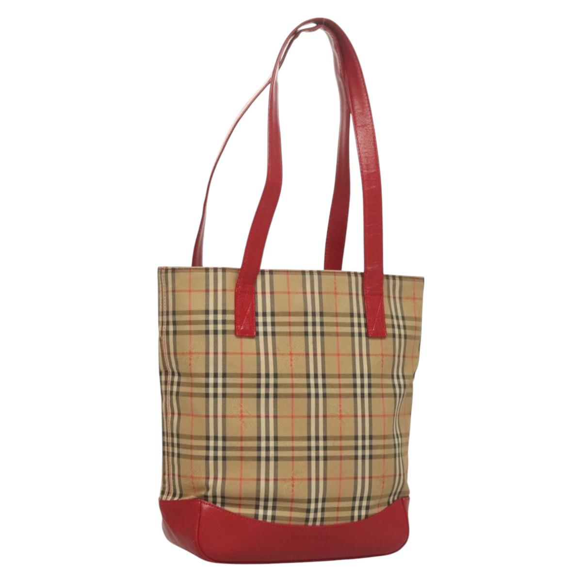 BURBERRY Nova Check Tote Bag Canvas Leather Beige Red gold Auth 130949