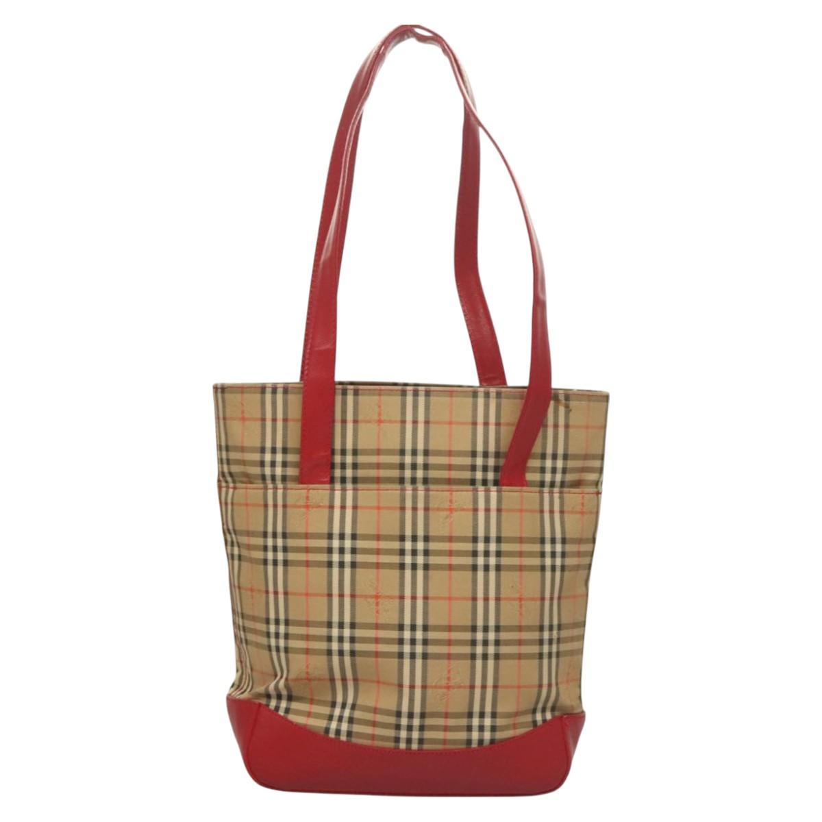 BURBERRY Nova Check Tote Bag Canvas Leather Beige Red gold Auth 130949