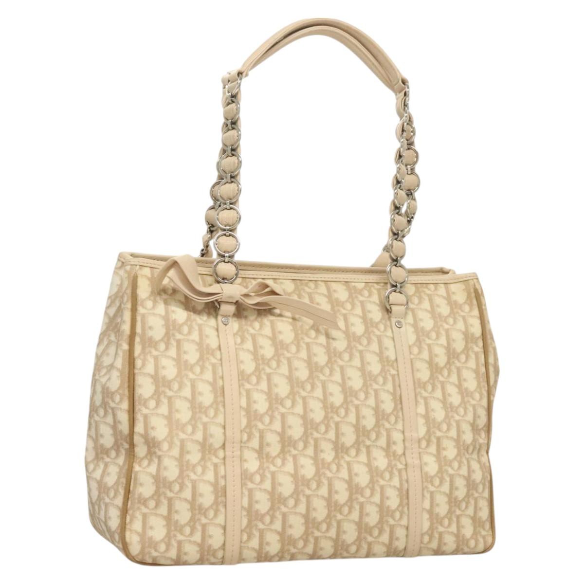 Christian Dior Trotter Canvas Romantic Tote Bag PVC Beige Silver Auth 130958