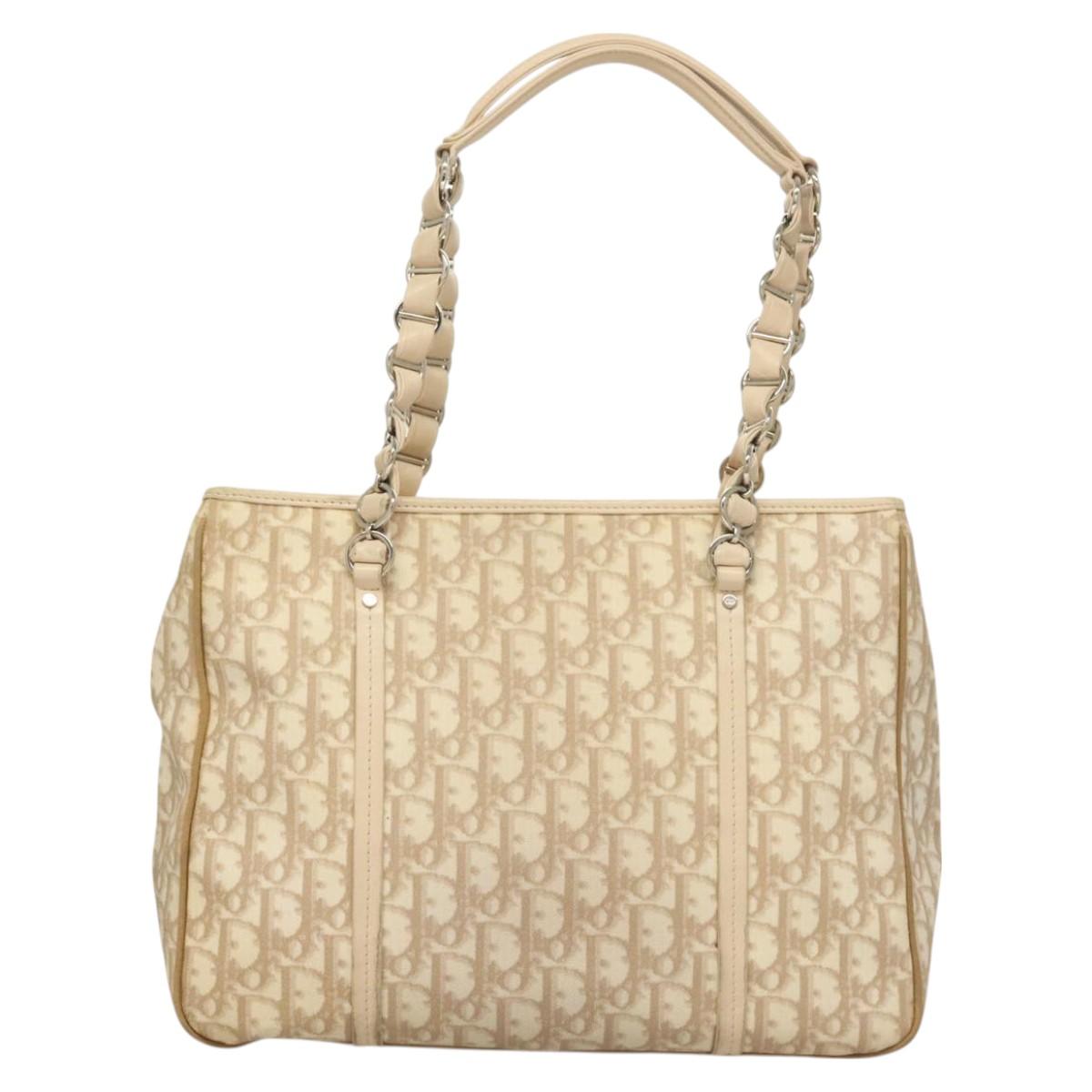 Christian Dior Trotter Canvas Romantic Tote Bag PVC Beige Silver Auth 130958