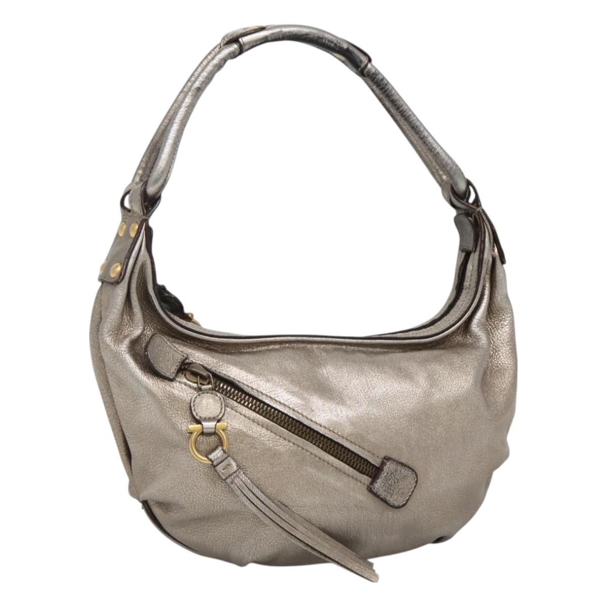Salvatore Ferragamo Gancini Shoulder Bag Leather Silver Auth 130961