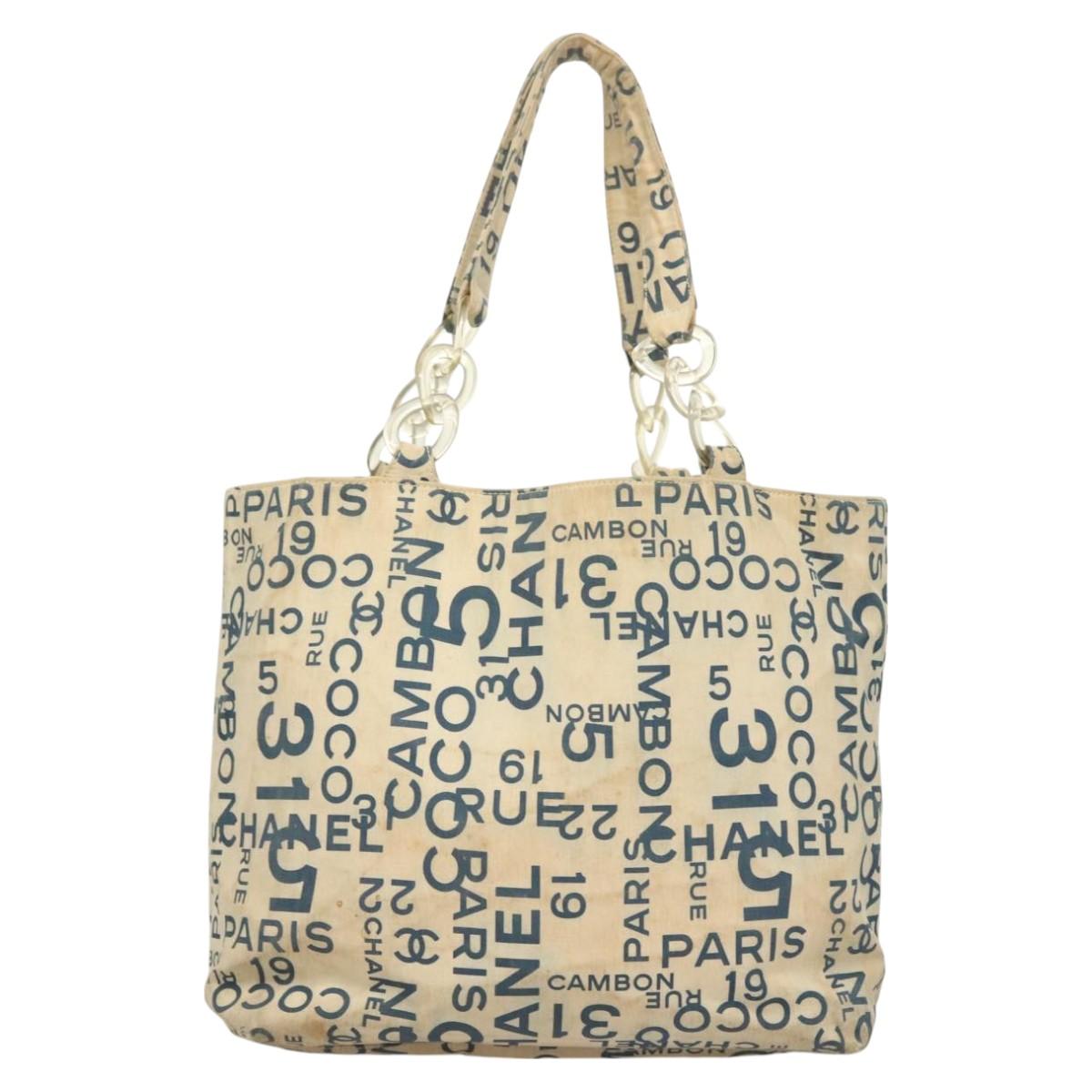 CHANEL Chain Bysy Line Tote Bag Canvas Plastic White clear CC Auth 130966