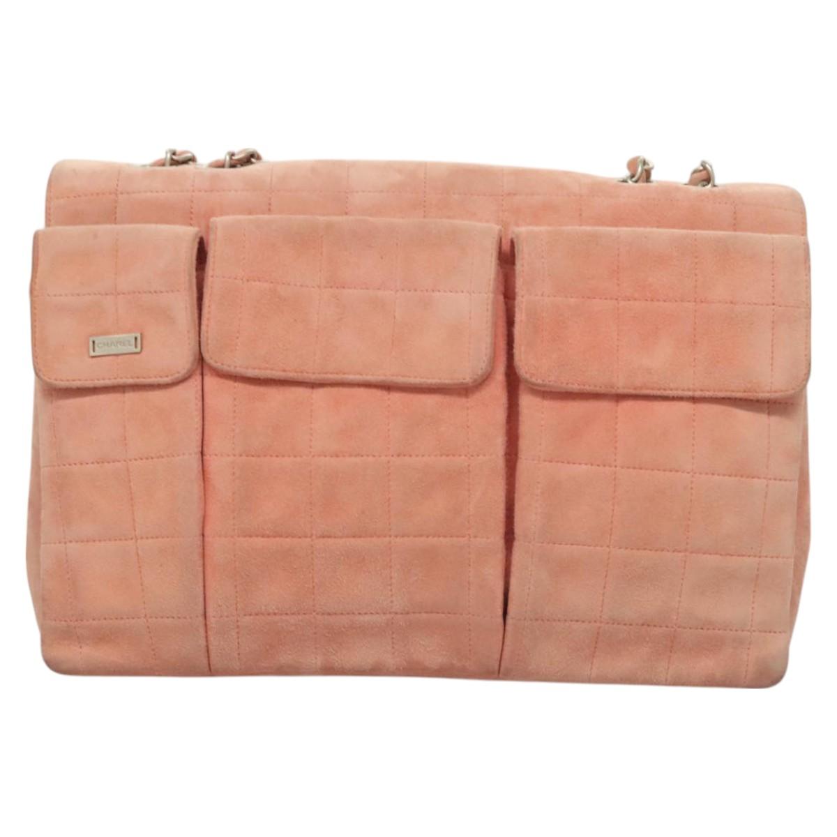 CHANEL Choco Bar Chain Shoulder Bag Suede Pink CC Auth 130967