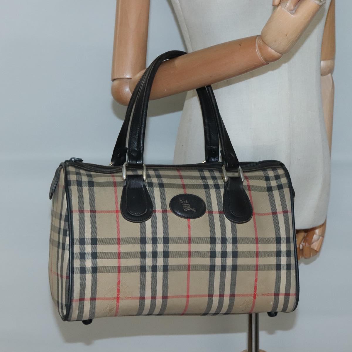 Burberrys Nova Check Boston Bag Canvas Beige Gold Auth 130974