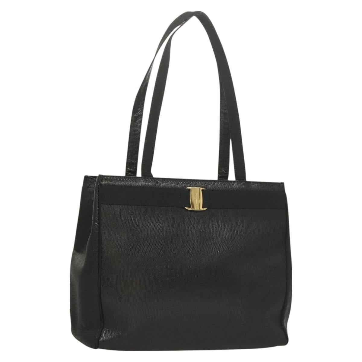 Salvatore Ferragamo Vala Tote Bag Leather Black Gold Auth 131008