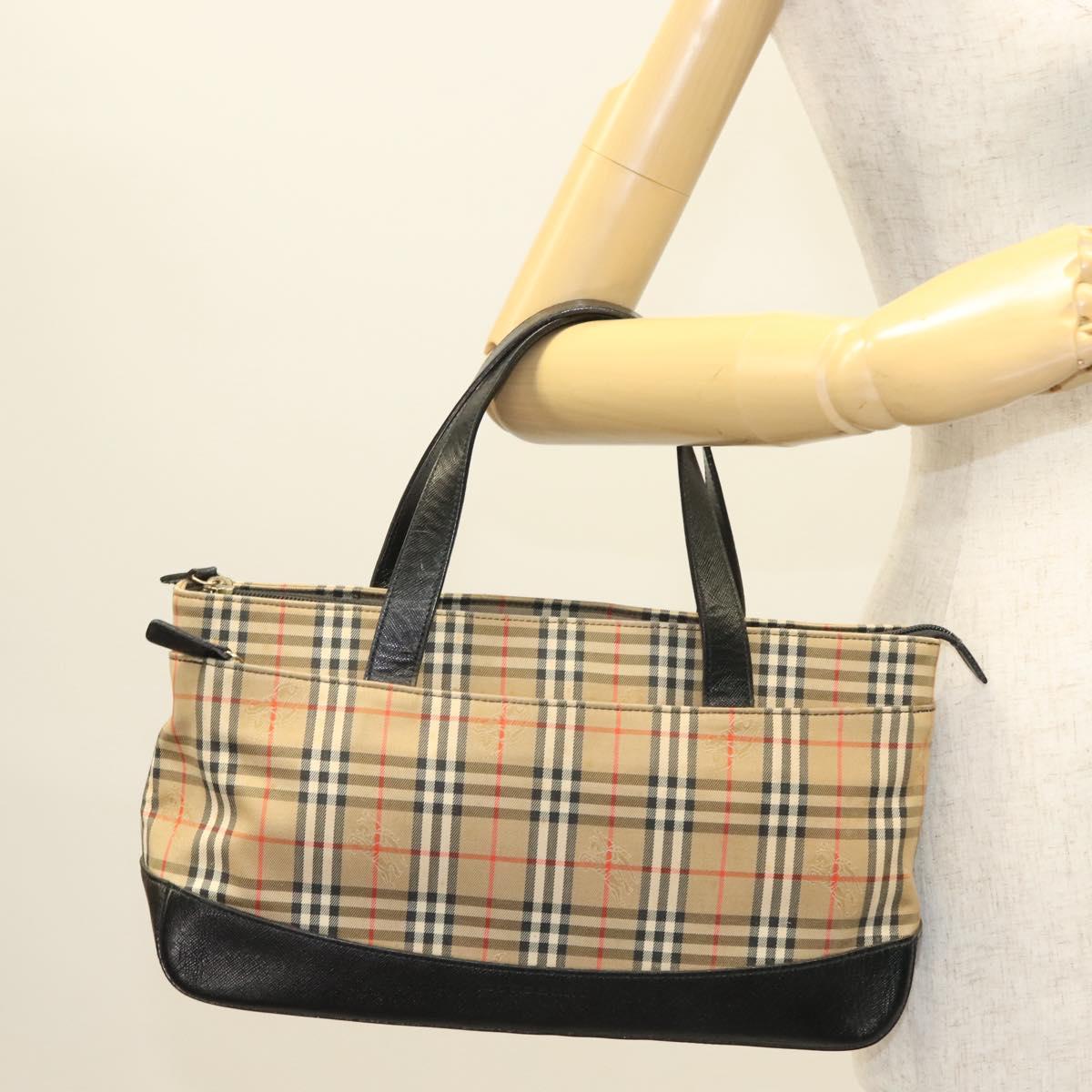 BURBERRY Nova Check Hand Bag Canvas Leather Beige Gold Auth 131011