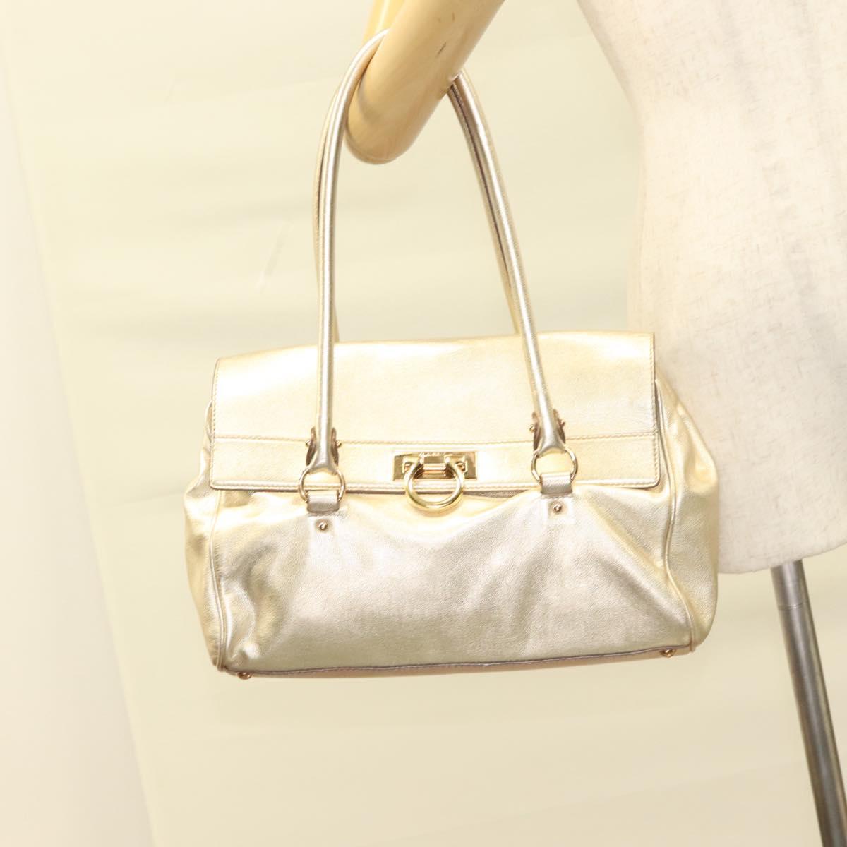 Salvatore Ferragamo Gancini Tote Bag Leather Gold Tone Gold Auth 131050