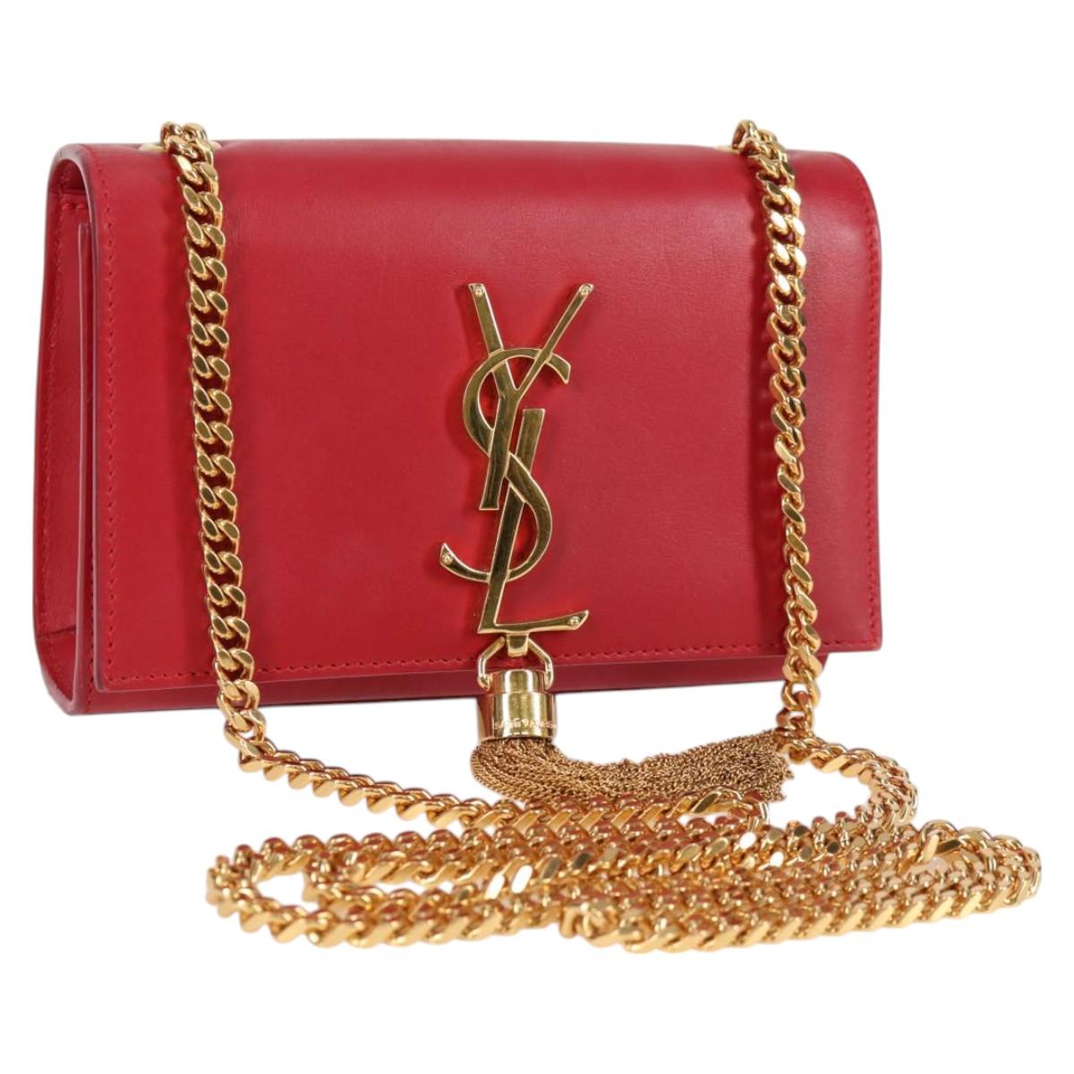 SAINT LAURENT Chain Shoulder Bag Leather Red Gold Auth 131084M