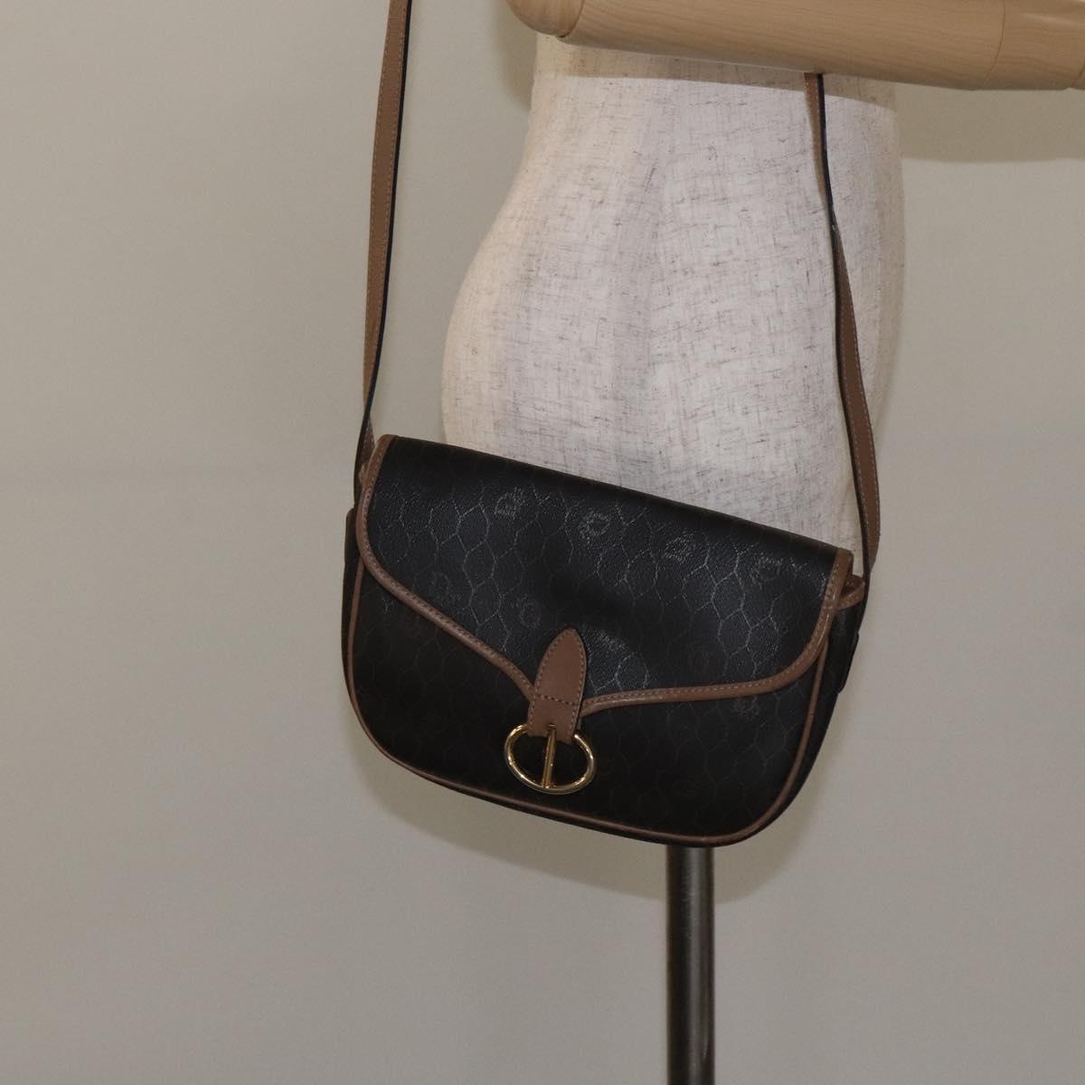 Christian Dior Honeycomb Canvas Shoulder Bag PVC Black Gold Auth 131127