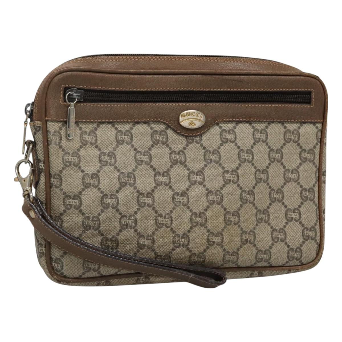 GUCCI GG Plus Supreme Clutch Bag PVC Beige Gold Auth 131128